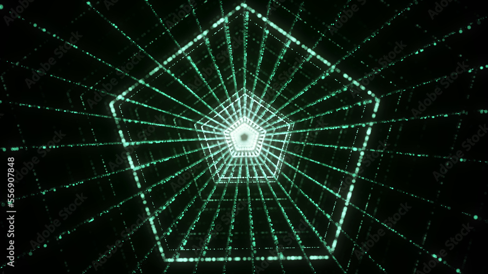 Poster futuristic dynamic wireframe star tunnel on green background. magic particle flow inside the portal.