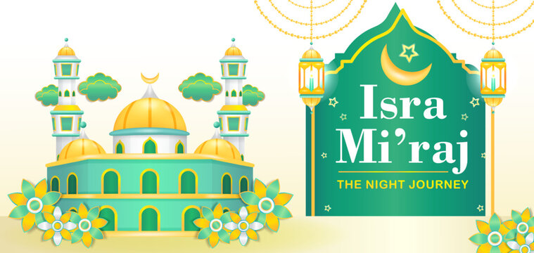 Isra Miraj, 3d illustration of a mosque with flower and cloud ornaments