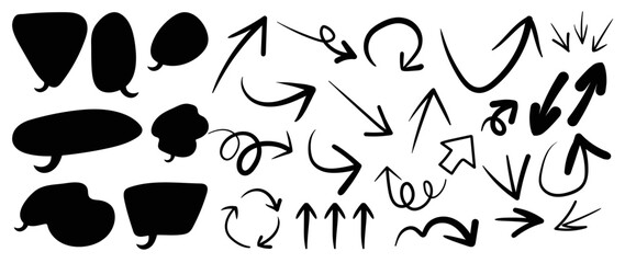 Set of speech bubble and arrow vector illustration. Collection of black comic speech, talk bubble and hand drawn arrow doodle style isolated on white background. Design for tattoo, sticker, print.