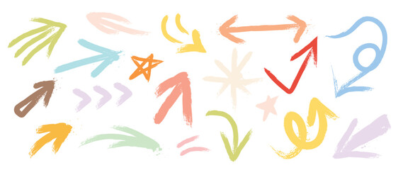 Set of hand paint arrow vector illustration. Collection of colorful arrow sign and symbol with brush paint stroke isolated on white background. Design suitable for tattoo, sticker, print, artwork.