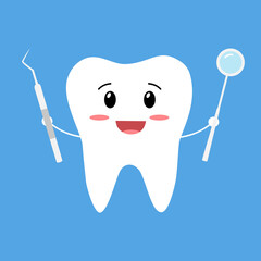 Cute teeth cartoon holding dental tools in flat design vector illustration. Dental care concept.