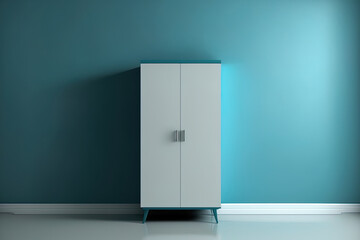 Cabinet mock up in a modern, empty space with a blue wall. Generative AI