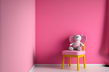 mock up of a wall in a children's room with a chair against a bright pink wall,. Generative AI