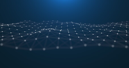 Obraz premium Abstract volatile microcosm. A surface of atoms in the form of white dots and structural bonds between them in the form of lines on a blue background. 3D render.