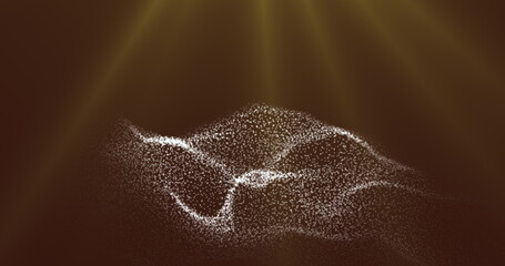 A shape-shifting surface of white dots on a yellow background in the rays of a star. An abstract star cluster. 3D render.