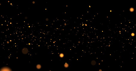 Flying luminous particles of different sizes on a black background. Particles from bokeh. Yellow blurred particles. 3D render.