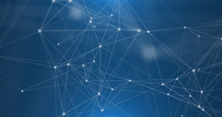 Abstract volatile microcosm. Atoms in the form of white dots and structural bonds between them in the form of lines on a blue background. 3D render.