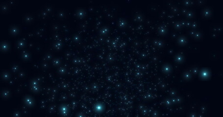 Naklejka na ściany i meble Glowing and sparkling blue particles fall in space on a blue background. Abstract star rain. Bokeh. 3D render.
