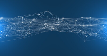 Abstract volatile microcosm. Moving atoms in the form of white dots and structural bonds between them in the form of lines on a blue background. 3D render.