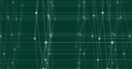 Abstract volatile microcosm. Moving atoms in the form of white dots and structural bonds between them in the form of lines on a green background. 3D render.