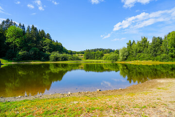 Fototapeta na wymiar Middle colliery pond near Clausthal-Zellerfeld. Small lake in the Harz mountains with the surrounding landscape. Green nature at the pond. 