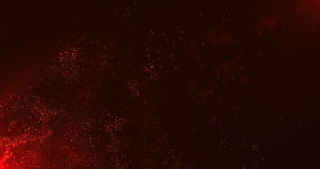 A vortex of red particles slowly unfolding in the wind against a dark red background. Bokeh particles. Sparks from the fire in the light of the flames. 3D render.