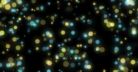 Flickering and moving in space yellow and blue lights. Particles from bokeh on a black background. 3D render.