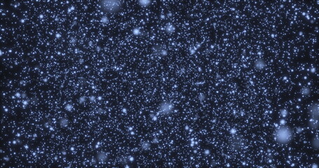 Many blue particles moving through space. Bokeh. Slow motion of snowflakes in a vortex of wind. 3D render.