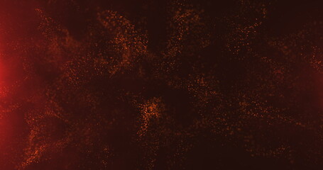 A vortex of red particles slowly unfolding in the wind against a dark red background. Bokeh particles. Sparks from the fire in the light of the flames. 3D render.