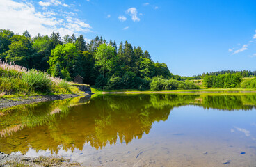 Middle colliery pond near Clausthal-Zellerfeld. Small lake in the Harz mountains with the surrounding landscape. Green nature at the pond.
