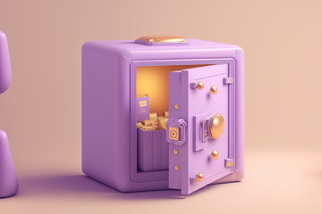 a safe box with a simple layout for treasure and a pastel purple backdrop. Money saved, money preserved, treasure with gold and money in safe box idea. box isolation, pastel background, secure