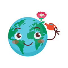 Planet Earth. It waters a cute flower from a watering can. Vector graphic.	