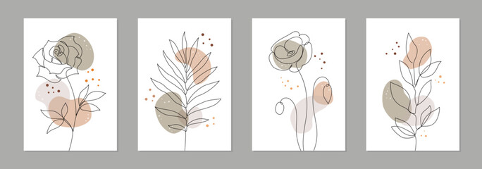 One line art flower poster set. Single continuous line leaf, flower minimal design background. Botanical abstract art for print, wallpaper. Vector illustration