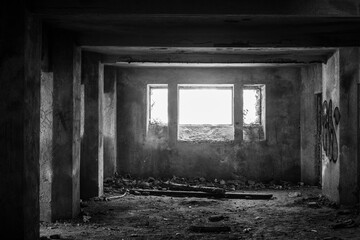 Fototapeta na wymiar CESURAS, SPAIN - JUNE 10, 2017: Ruins of the tuberculosis hospital project in the year 1925, which was later abandoned.