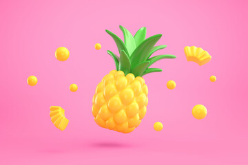 Cartoon pineapple, pineapple slices, drops of pineapple juice flying over pink background
