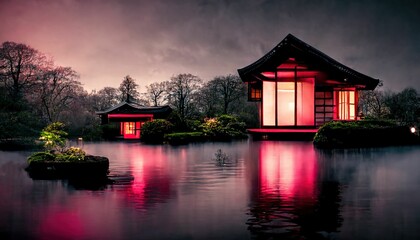 Fototapeta premium Japanese garden with cherry blossom, sakura, houses reflecting in the lake ,made with Generative AI