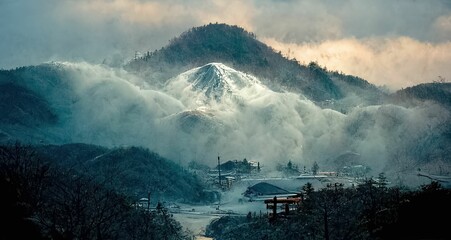 Fototapeta premium Natural hot spring bath surrounded by mountains, japanese onsen ,made with Generative AI