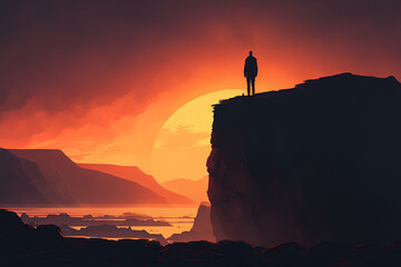 A silhouette of a man standing on a cliff and watching the sun go down. Generative AI