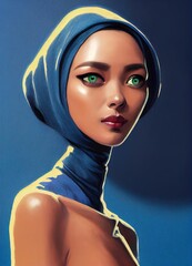 Beautiful girl with blue head scarf, Muslim hijab ,not a real person, made with Generative AI