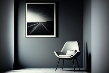 Interior design of a contemporary room with a chair, a light, and photographs. Generative AI