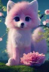 Cute little pink arctic fox in the garden with flowers ,made with Generative AI