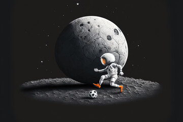 Cartoon symbol of a little astronaut playing soccer on the moon. Science and sport separated. Generative AI