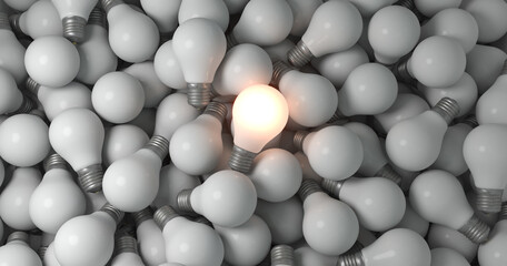 Glowing bulb among the gray unlit bulbs.Unique ideas, 3d render
