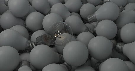 Glowing bulb among the gray unlit bulbs.Unique ideas, 3d render
