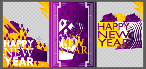 Luxury deluxe Happy New Year vector illustration poster set. Abstract elegant event Template for website, banner, book cover, presentation.