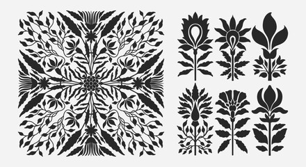 Traditional historical ethnic Indian ornament. Floral natural stylized motif. Arabesque and intricate decorative silhouettes.