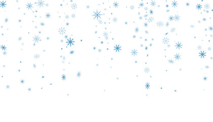 Blue delicate openwork snowflakes are scattered on a white background. Festive background, new year or christmas design