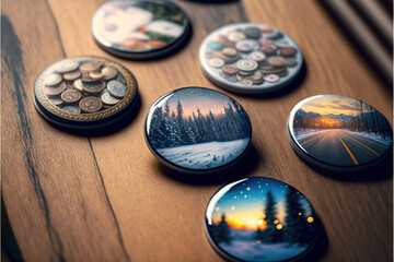Obraz na płótnie Canvas winter themed magnet souvenirs on a wooden table
