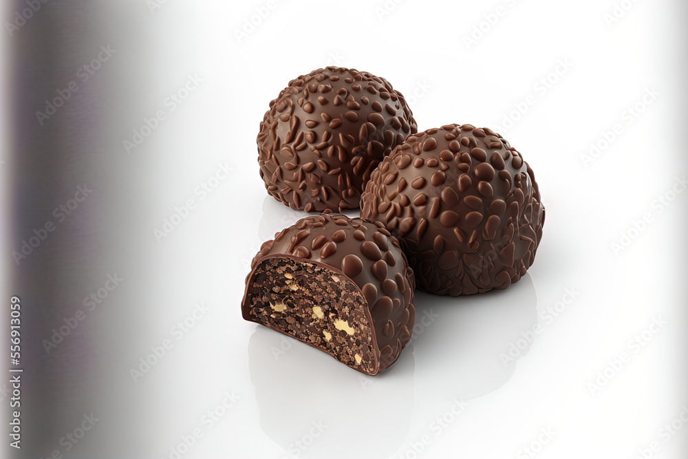 Poster truffled chocolate. Isolated swer pralines on a white background. Generative AI