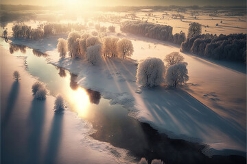 drone photography of a winter landscape of a forest near the river