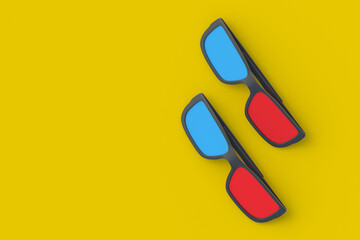 3d cinema glasses. Three-dimensional view. Online movie theater. Cinema industry and entertainment. Copy space. Top view. 3d render