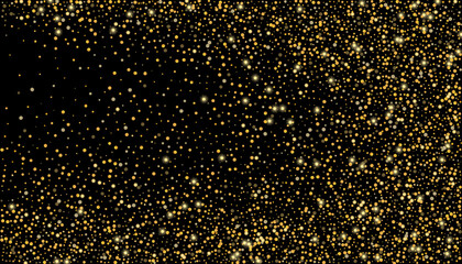 Gold glitter confetti on a black background. Shiny particles scattered, sand. Decorative element. Luxury background for your design, cards, invitations, vector