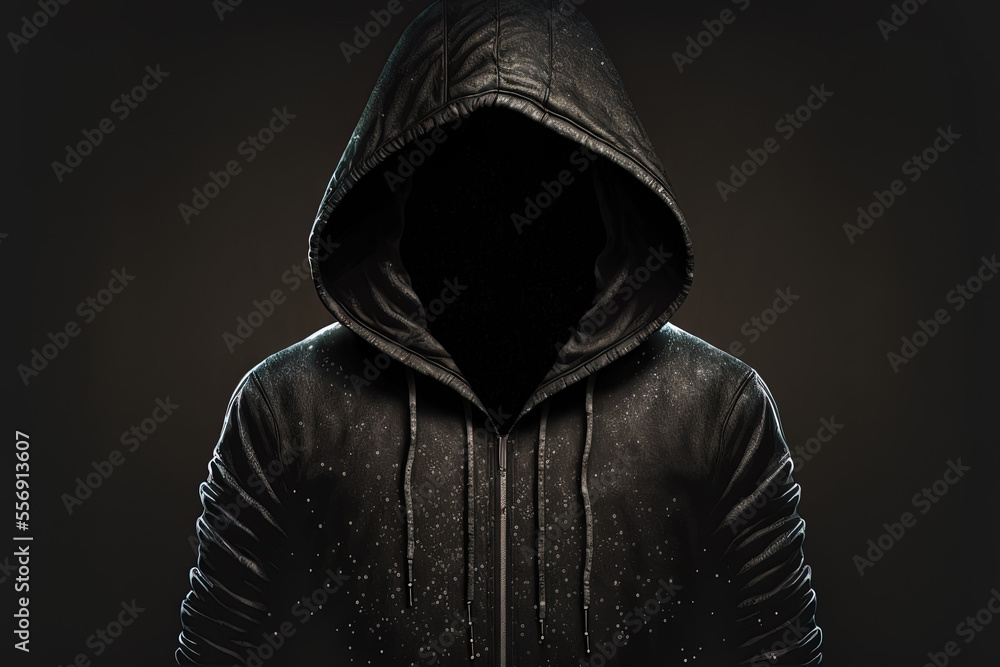 Poster black hoodie worn by a hacker in the hood is empty. generative ai