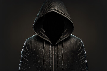 Black hoodie worn by a hacker in the hood is empty. Generative AI - obrazy, fototapety, plakaty