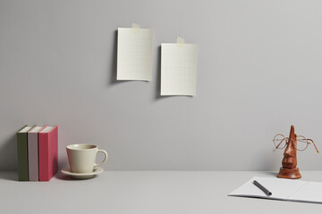 modern desk with various office supplies, front view and copy space.