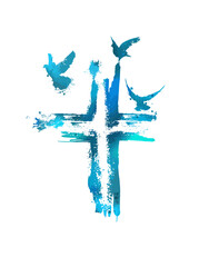 Dove flying with a Symbol of Religion. Cross. Dove Of Peace. No war. Freedom to Ukraine . Happy easter. Vector illustration.