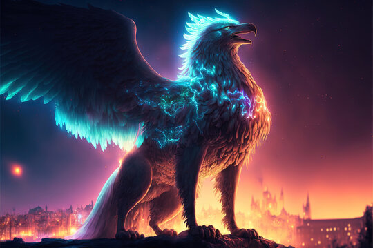 A mythical ancient glowing griffin created with Generative AI technology