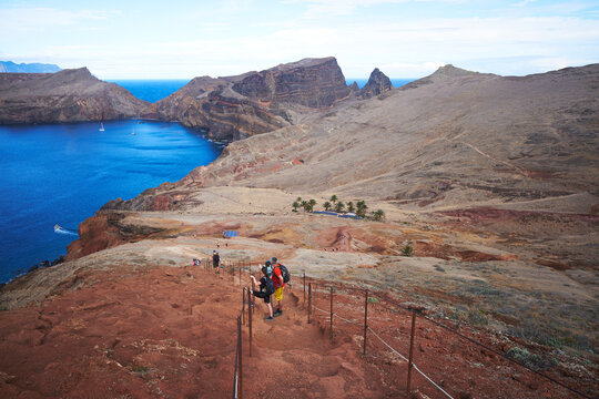 Hike on Ponta de Sao Lourenco, Madeira, Portugal. Popular touristic destination. Nature reserve in Madeira island.