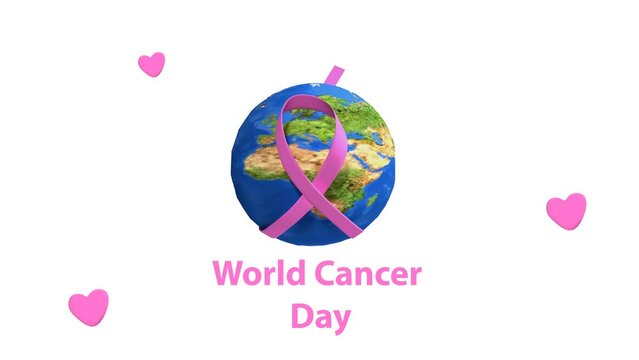 animated earth globe and moving ribbon and animated heart shape for world cancer day