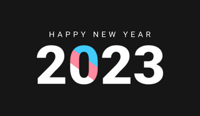 Happy New Year 2023 with blue and pink colors inside zero, a minimalist new year banner. New year transgender flag colors background